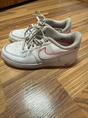 Nike Kids' White Air Force One Leather Sneakers with Red Accent, 3Y